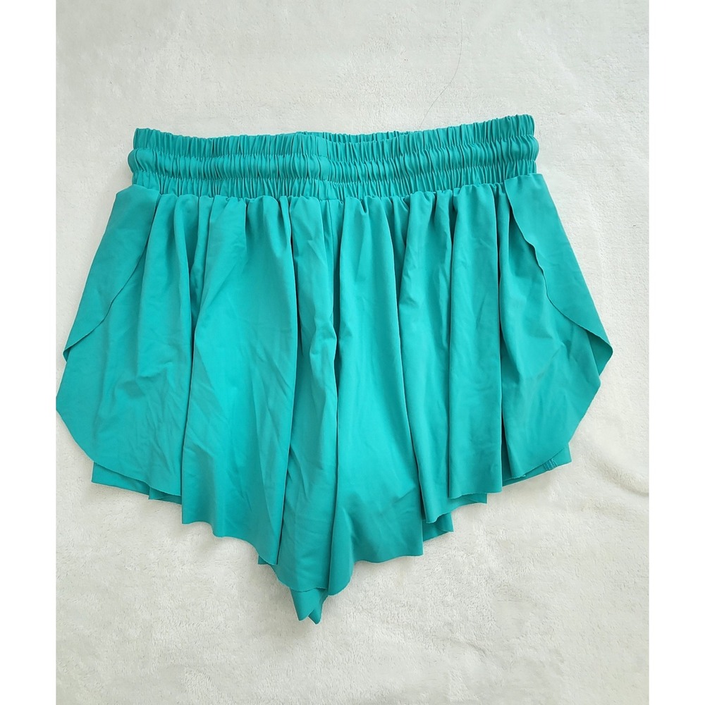Womens Teal Flowy 2-in-1 Athletic Shorts Skort Smocked Waist with Pocket Teal